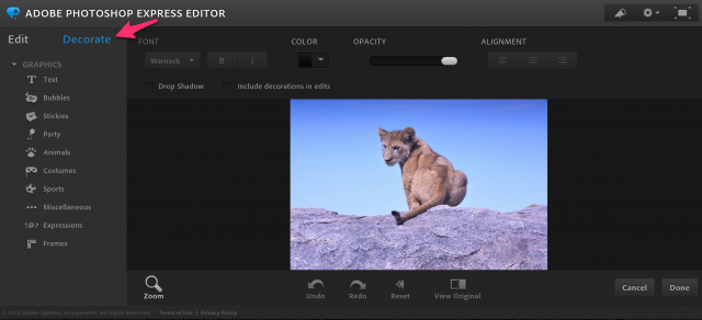 Adobe Photoshop Express Editorの加工画面トップ