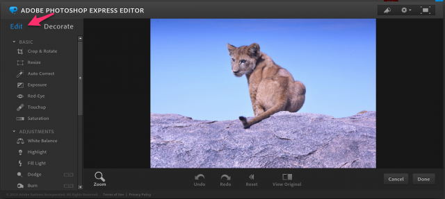 Photoshop Express Editorの加工画面トップ