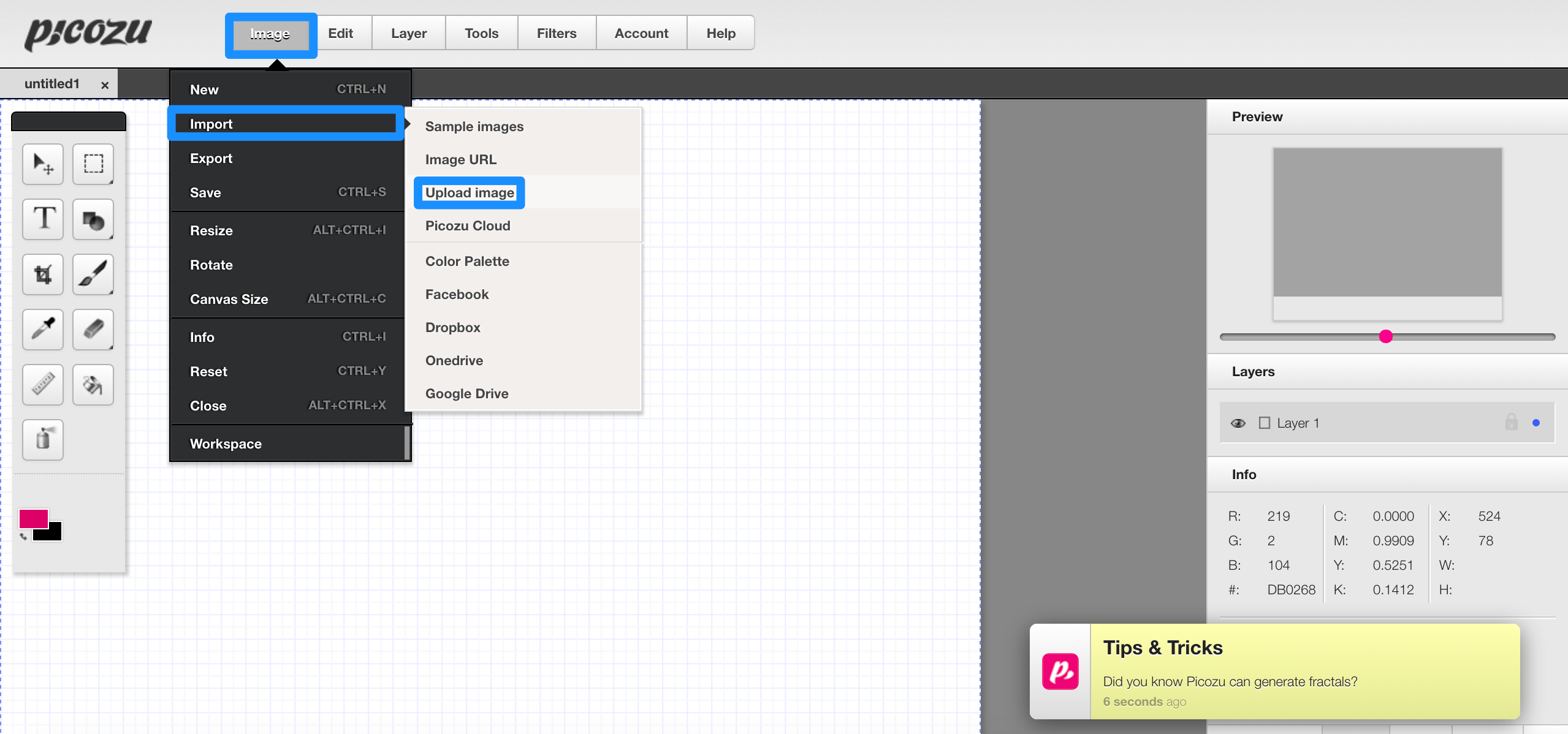 picozuの画像アップロード画面