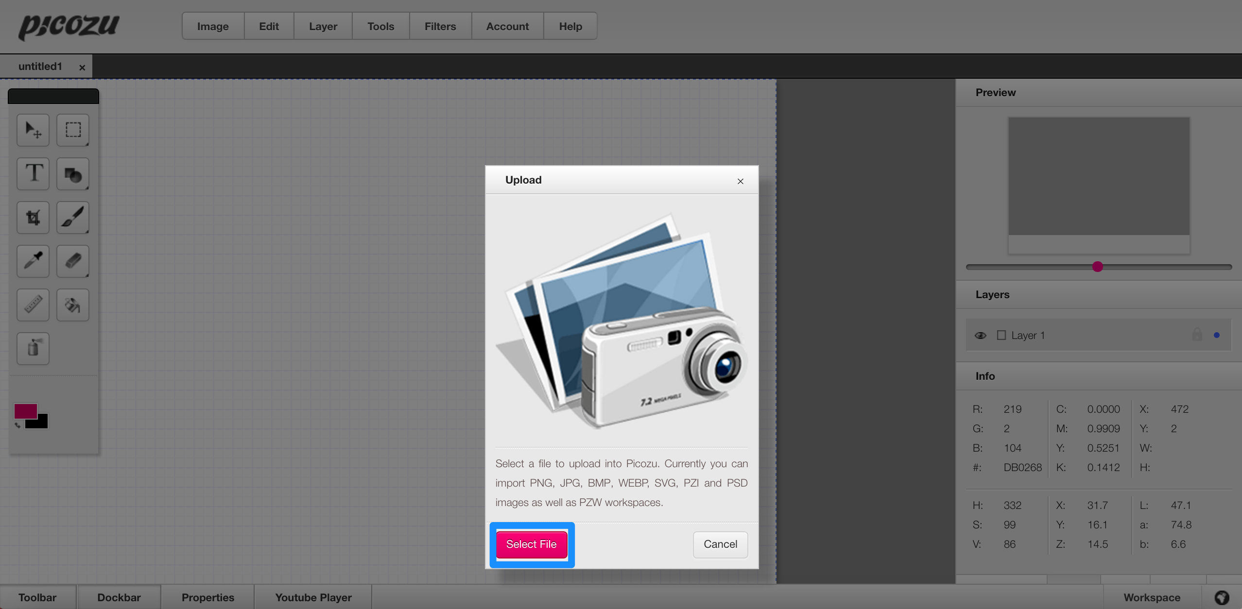 picozuの画像アップロード画面