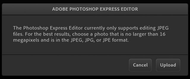 Photoshop Express Editorの画像アップロード画面