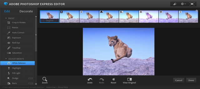 Photoshop Express Editorのホワイトバランスの加工画面