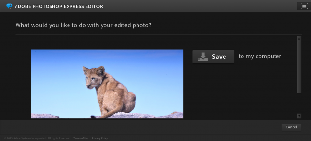 Photoshop Express Editorの保存画面