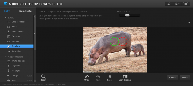 Photoshop Express EditorのTouchupの加工画面