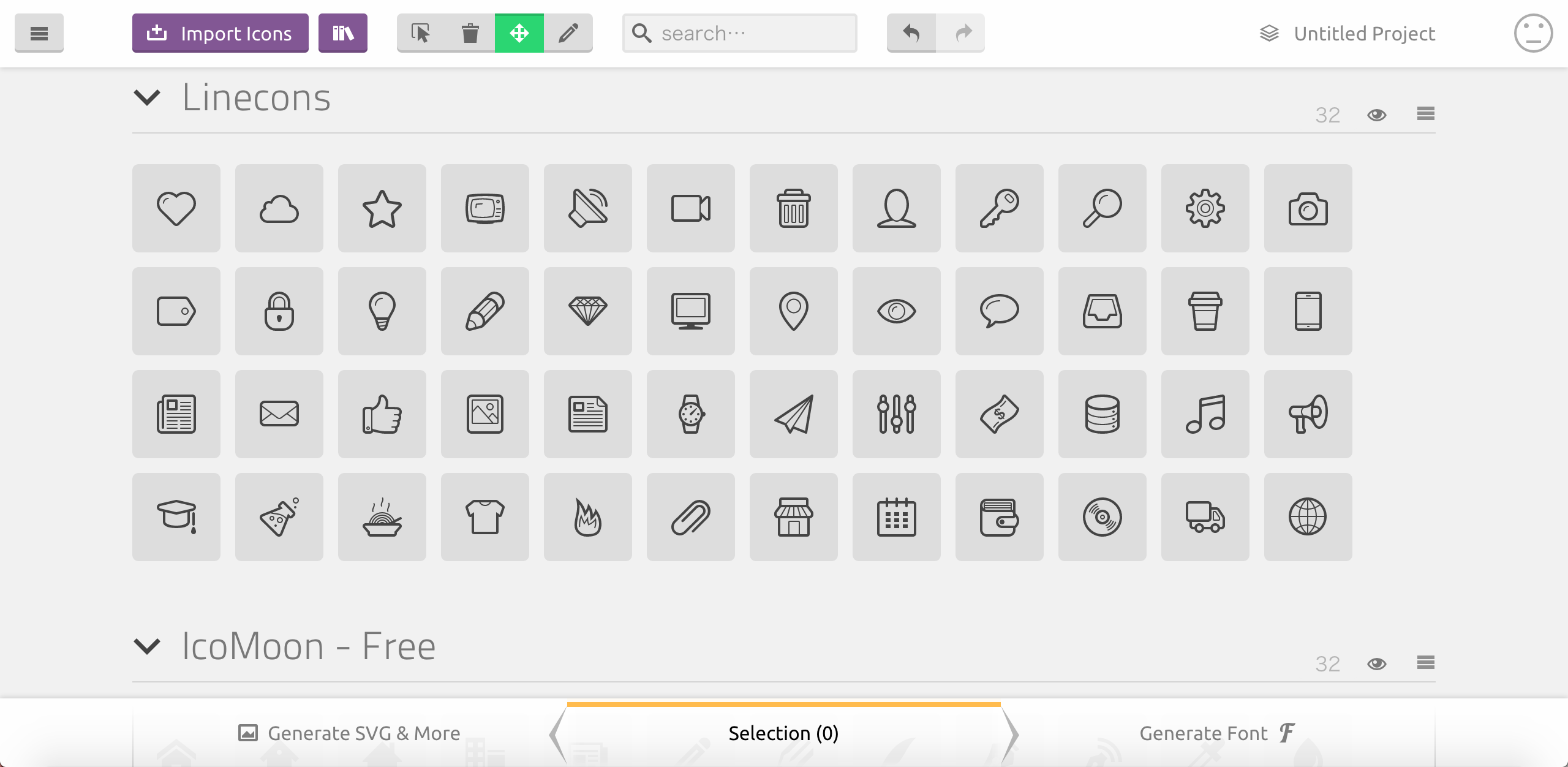 IcoMoon Appのアイコン一覧