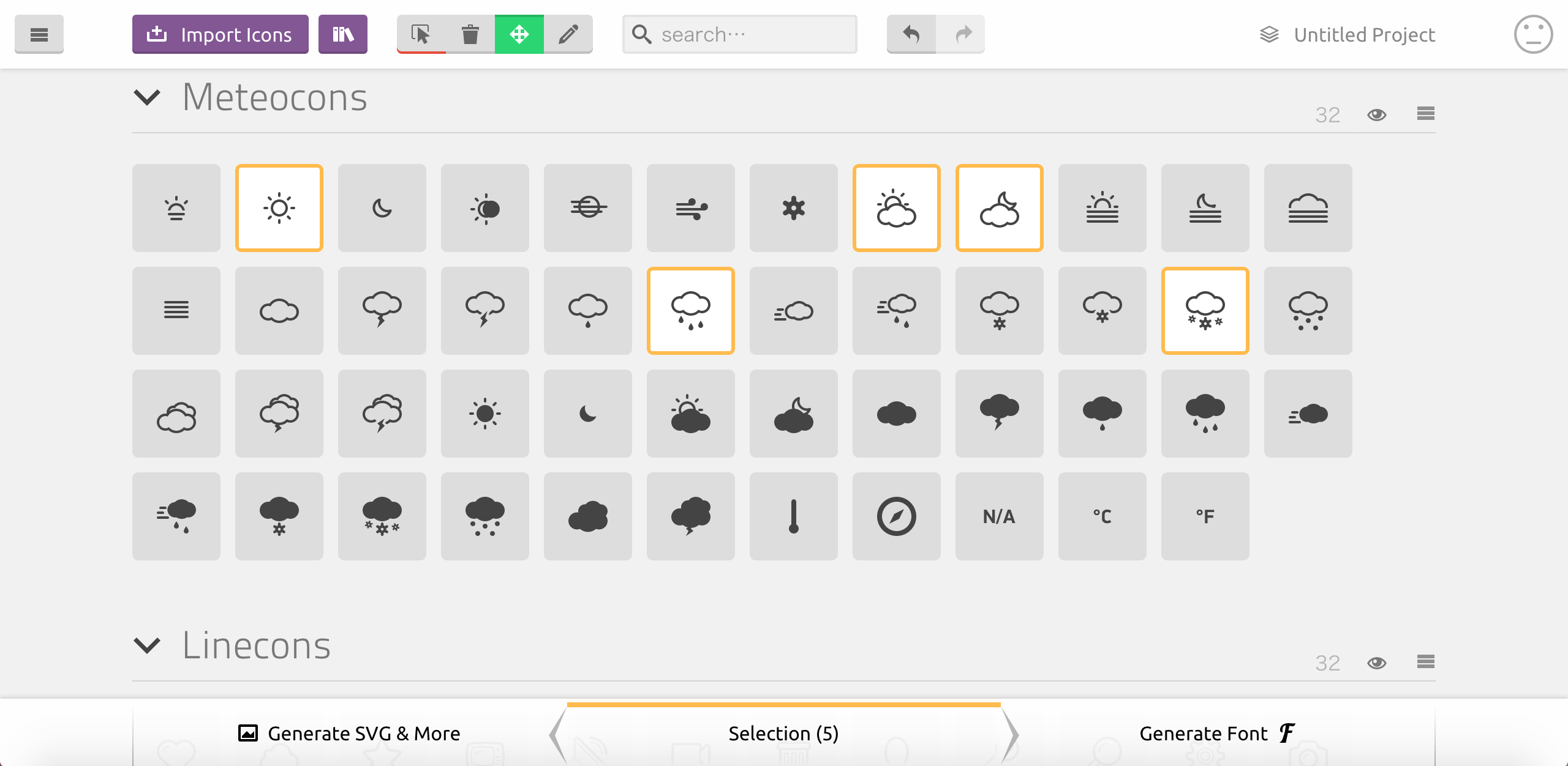IcoMoon Appのアイコン一覧