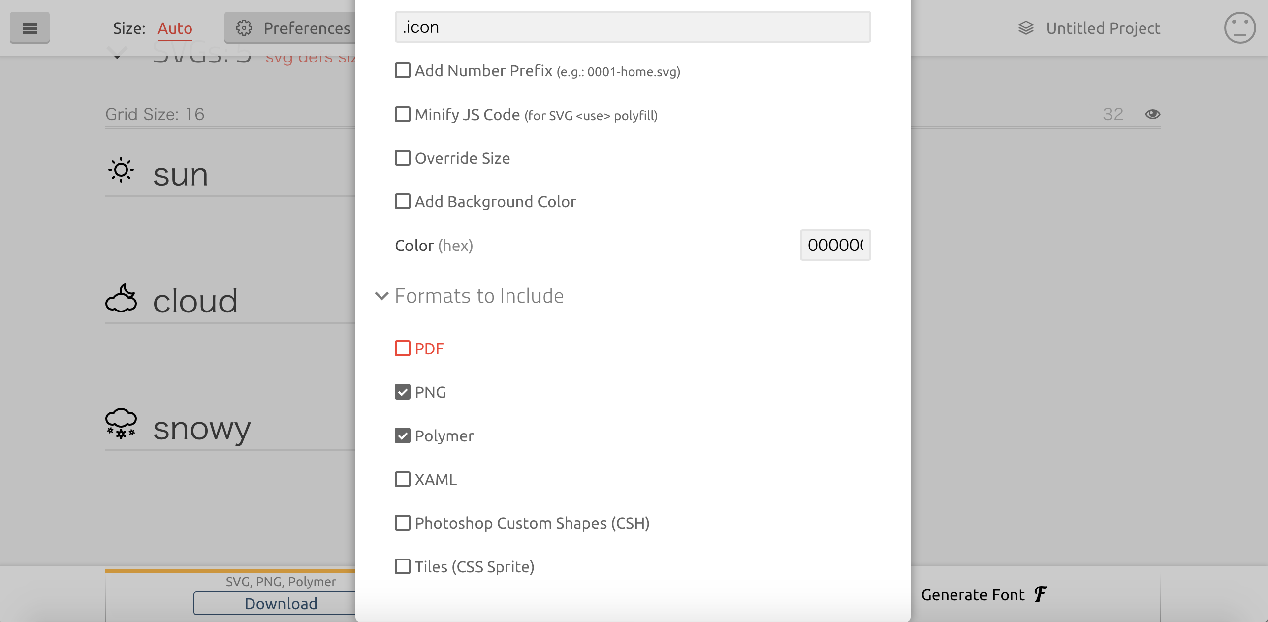 IcoMoon AppのSVGダウンロード画面