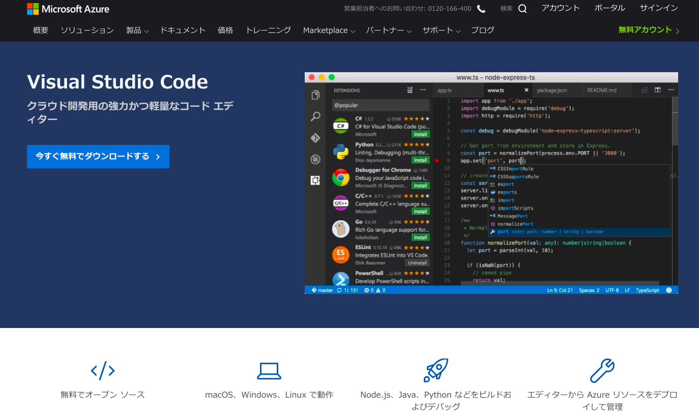 Visual Studio Codeの公式サイトの画像