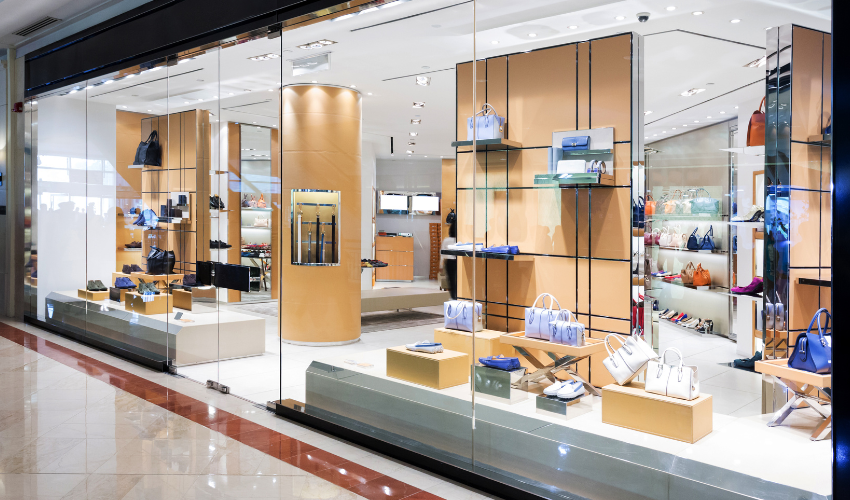 ショッピングモールのショーウインドウにカバンや洋服などのアパレル品が並んでいる様子